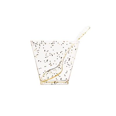 24 Clear 2 oz Disposable Gold Glittered Square Plastic Dessert Cups Spoons Party Events Tableware Decorations Supplies