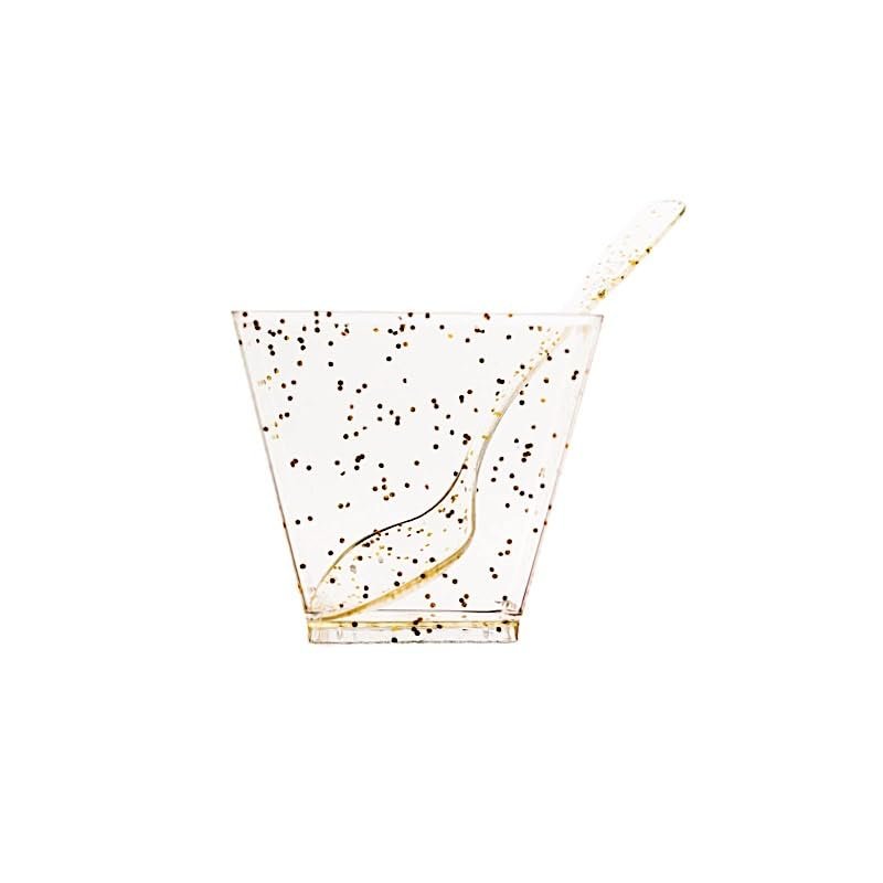 24 Clear 2 oz Disposable Gold Glittered Square Plastic Dessert Cups Spoons Party Events Tableware Decorations Supplies