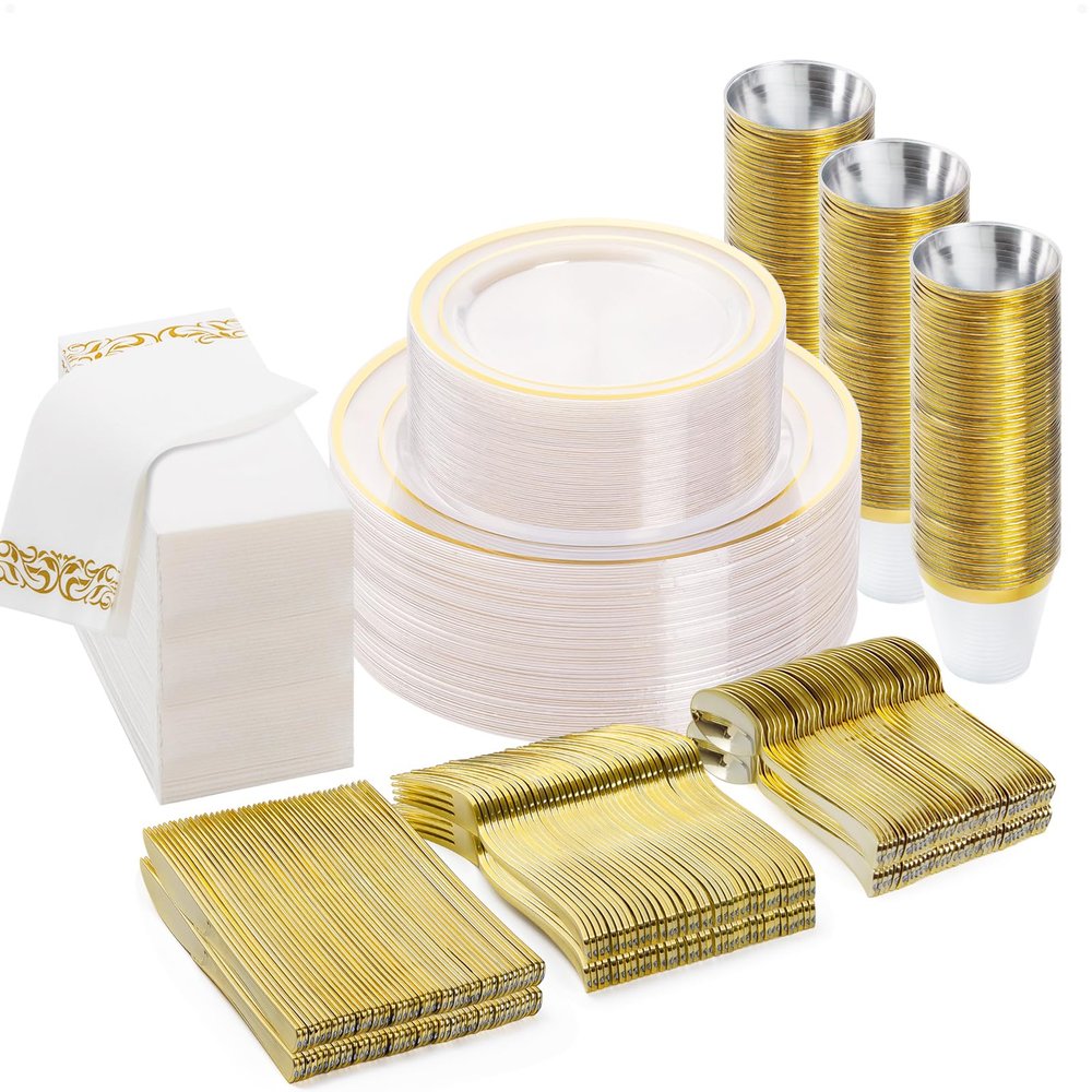 BESTVIP 350PCS Clear Gold Disposable Dinnerware Set for 50 Guests, Plastic Plates for Party, Wedding, Christmas, Include: 100 Plastic Plates, 50 Gold Silverware, 50 Cups, 50 Napkins
