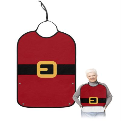 BOBOWUNY Christmas Santa Adult Bibs for Elder Women Men Eating, Black Golden Belt Red Backdrop Waterproof & Washable Bibs for Eating Clothing Protector Dining Bibs for Crumb Catcher