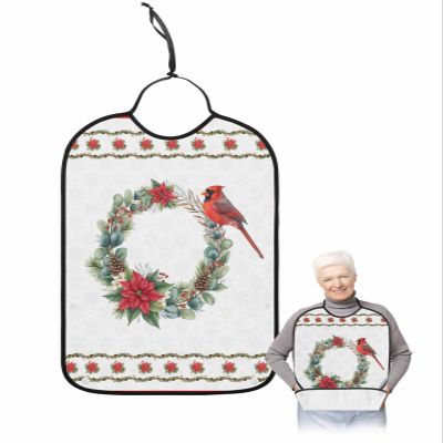 BOBOWUNY Christmas Bird Adult Bibs for Elder Women Men Eating, Red Board Poinsettia Wreath Waterproof & Washable Bibs for Eating Clothing Protector Dining Bibs for Crumb Catcher