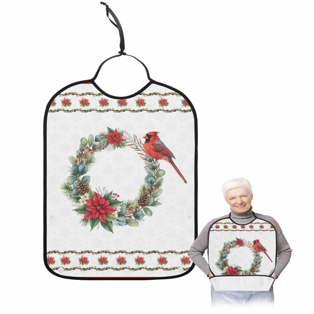 BOBOWUNY Christmas Bird Adult Bibs for Elder Women Men Eating, Red Board Poinsettia Wreath Waterproof & Washable Bibs for Eating Clothing Protector Dining Bibs for Crumb Catcher