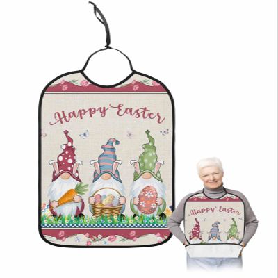 BOBOWUNY Spring Easter Adult Bibs for Elder Women Men Eating, Tulip Gnomes Colorful Eggs Easter Basket Carrot Waterproof & Washable Bibs for Eating Clothing Protector Dining Bibs for Crumb Catcher