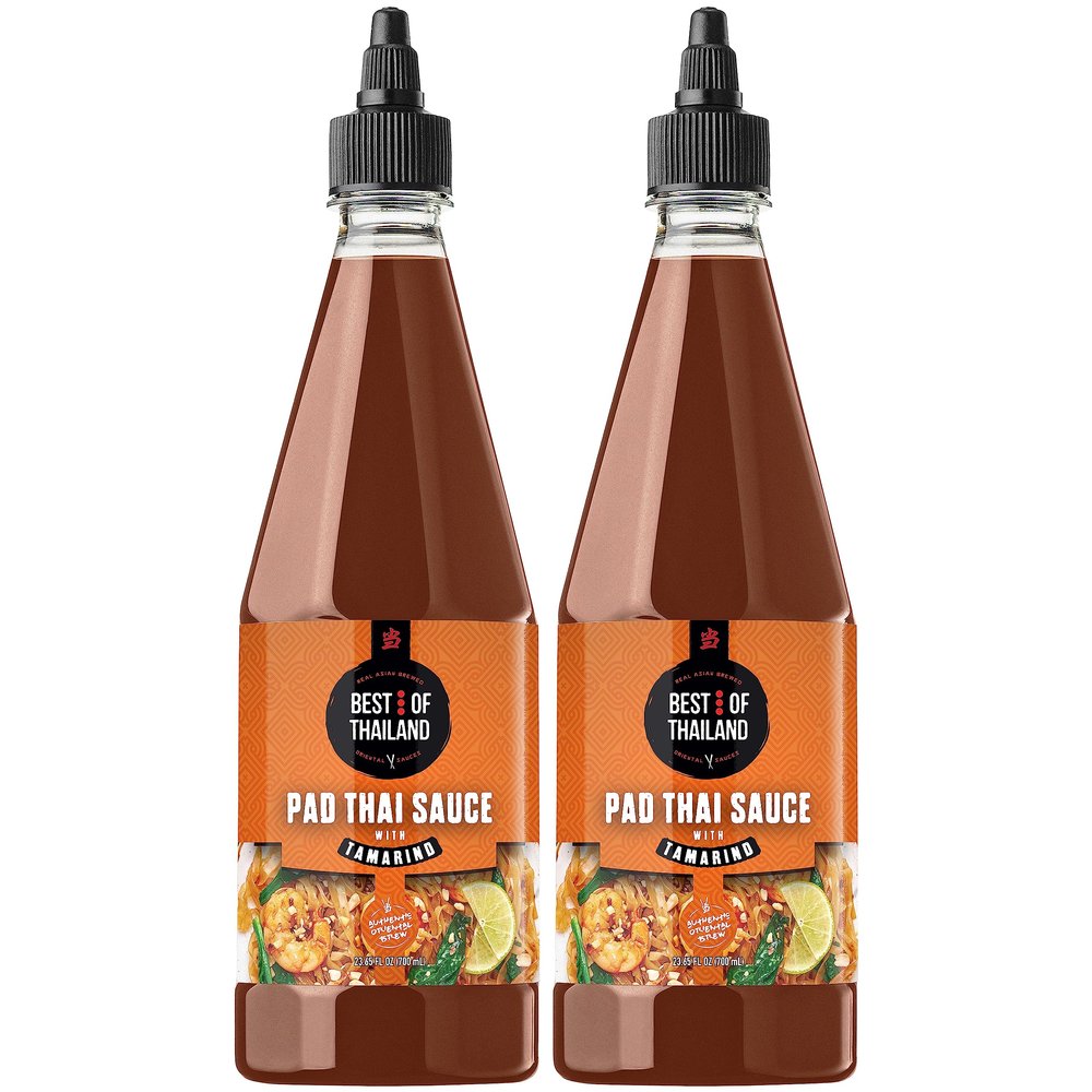 Best Of Thailand Authentic Pad Thai Sauce - Rich Tamarind Flavor, Tangy, Sweet, Savory | Ideal for Noodles, Stir-Fries [NO MSG] | Kosher, Fat-Free | 2-Pack 23.65 Fl Oz