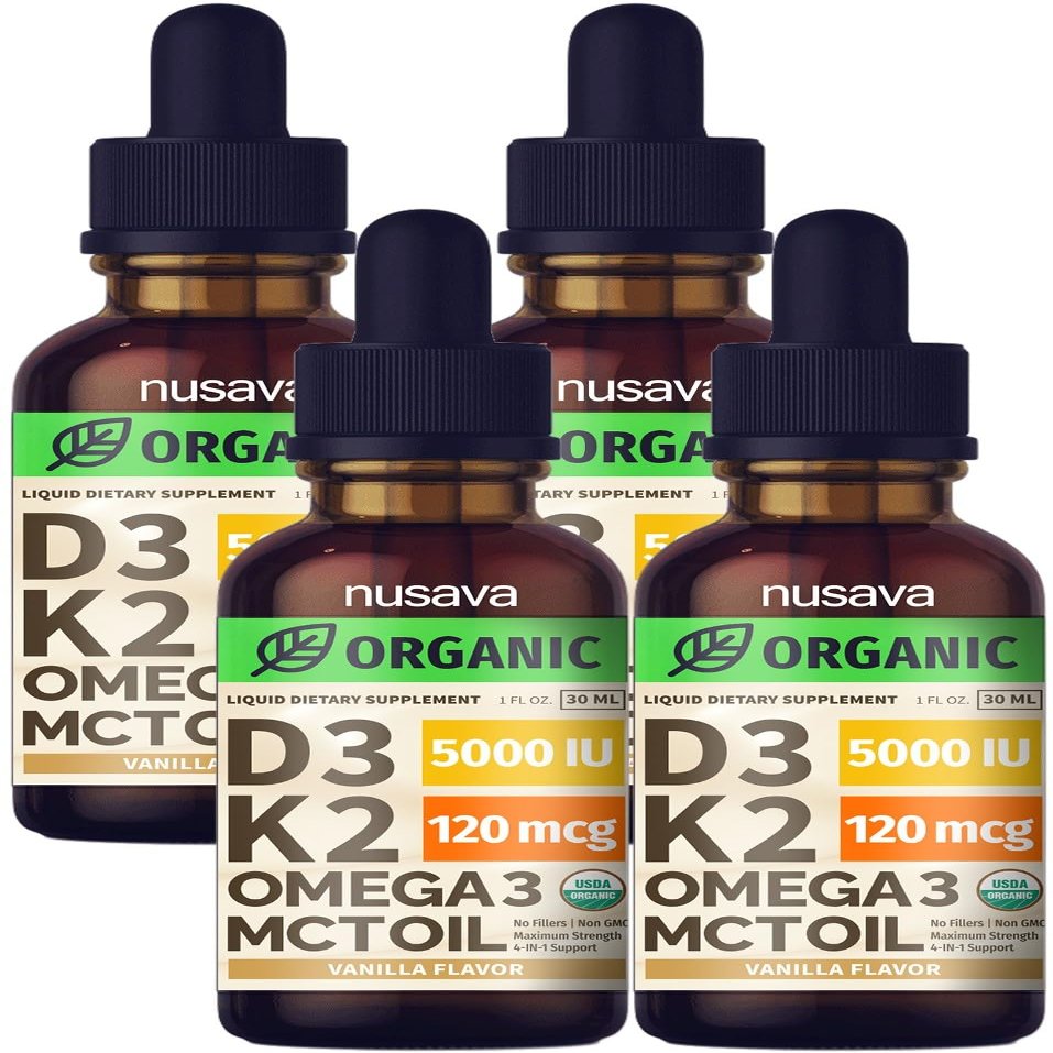 NUSAVA (4 Pack) Organic Vitamin D3 K2 Drops with MCT Oil Omega 3, 5000 IU, Maximum Strength Vitamin D Liquid - No Fillers, Non-GMO Liquid D3 for Faster Absorption & Immune Support (Vanilla, 4 Fl Oz)