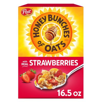 Honey Bunches of Oats with Real Strawberries Breakfast Cereal, Strawberry Cereal with Oats and Granola Clusters, Low Fat with Whole Grains, 16.5 oz Box