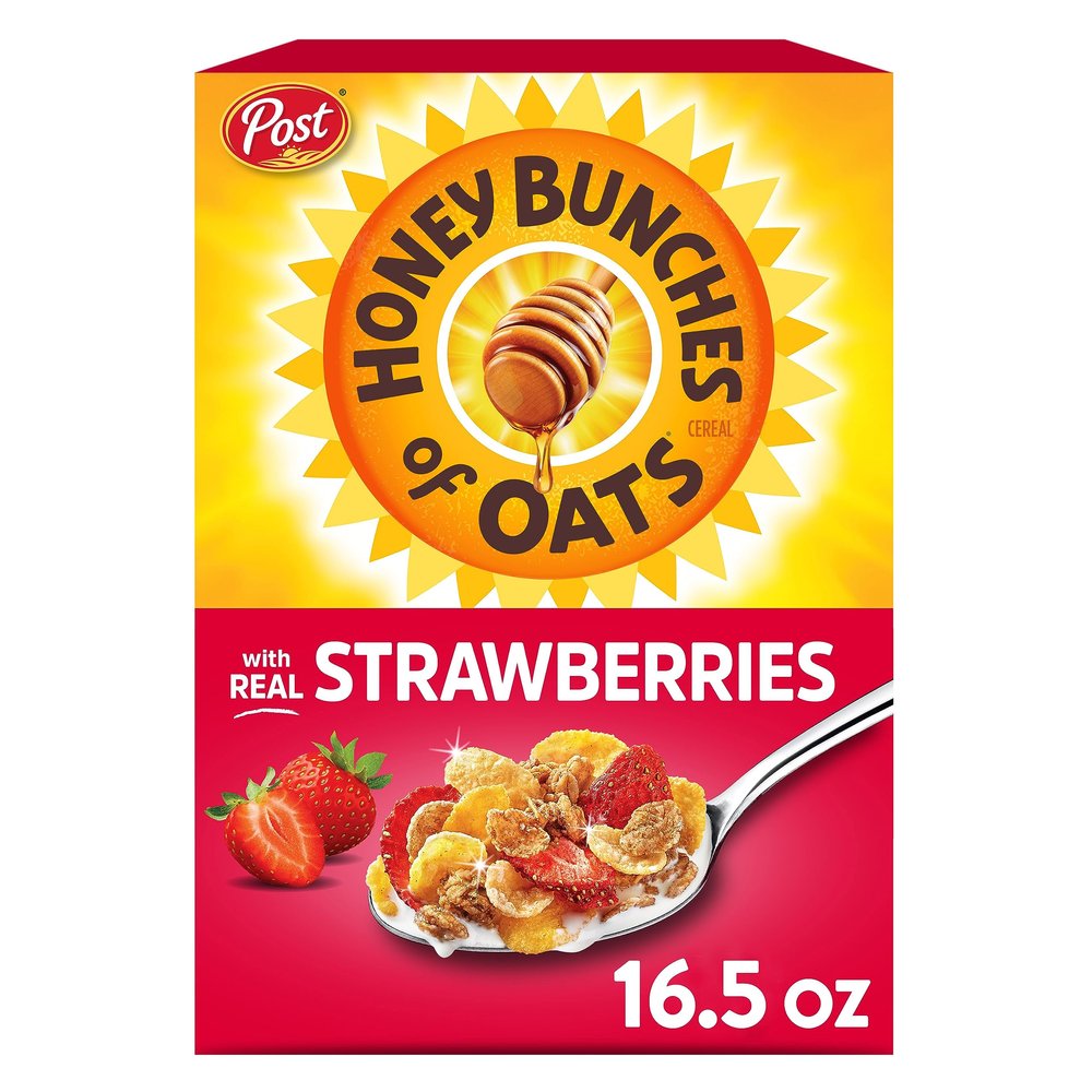 Honey Bunches of Oats with Real Strawberries Breakfast Cereal, Strawberry Cereal with Oats and Granola Clusters, Low Fat with Whole Grains, 16.5 oz Box