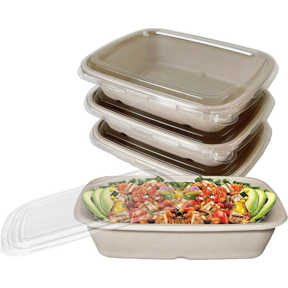 EcoQuality 29oz Disposable Bowls with Clear Lids - Rectangular Compostable Sugarcane Fiber Biodegradable Paper Bowls Eco-Friendly Take Out Food Storage Containers, Microwave Safe, Meal Prep (100 PACK)