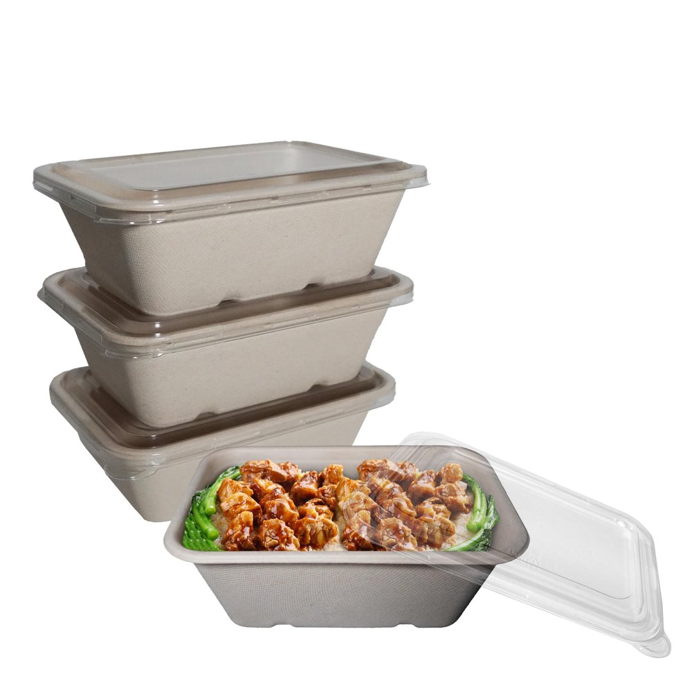 EcoQuality 34oz Disposable Bowls with Clear Lids - Rectangular Compostable Sugarcane Fiber Biodegradable Paper Bowls Eco-Friendly Take Out Food Storage Containers, Microwave Safe, Meal Prep (150 PACK)