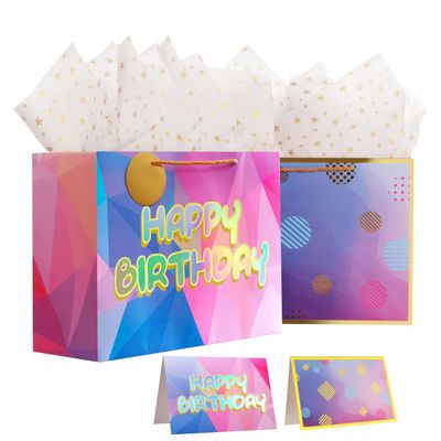 16" Laser Happy Birthday Bags - 2 Extra Large Gift Bags with Tissue Papers & Cards, for Women, Girls & Kids