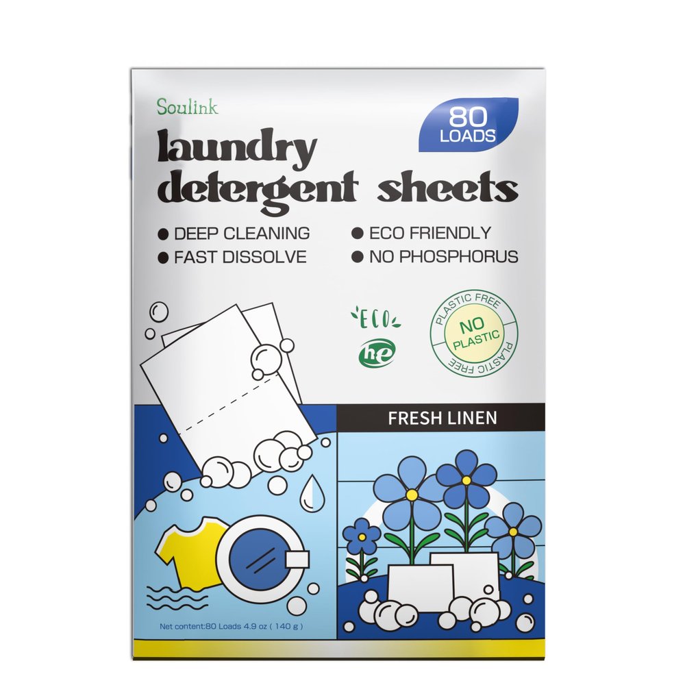 Soulink Laundry Detergent Sheets Up to 80 Loads, Eco Friendly Detergent Strips for Travel & Home - No Plastic Jug Soap sheets, Plant-based, Hypoallergenic. Safe for Sensitive Skin (Fresh Linen)