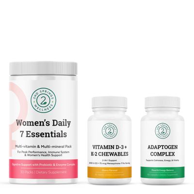 2nd Springs Women's Daily 7 Essentials, Vitamin D3 + K2 Chewables & Adaptogen Complex Bundle
