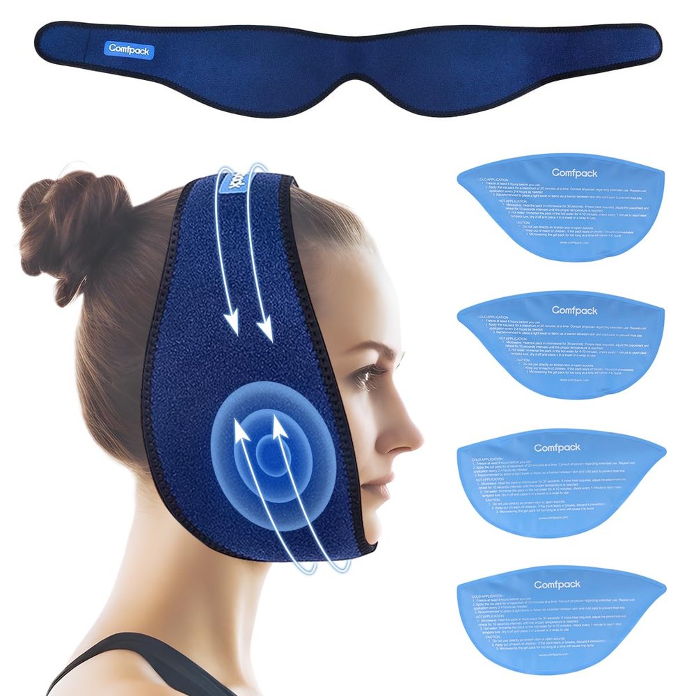 Comfpack Wisdom Teeth Ice Pack Head Wrap After Surgery, 4 Reusable Hot & Cold Therapy Gel Ice Packs for Face Swelling, TMJ, Chin, Oral Pain, Jaw Pain, Dark Blue