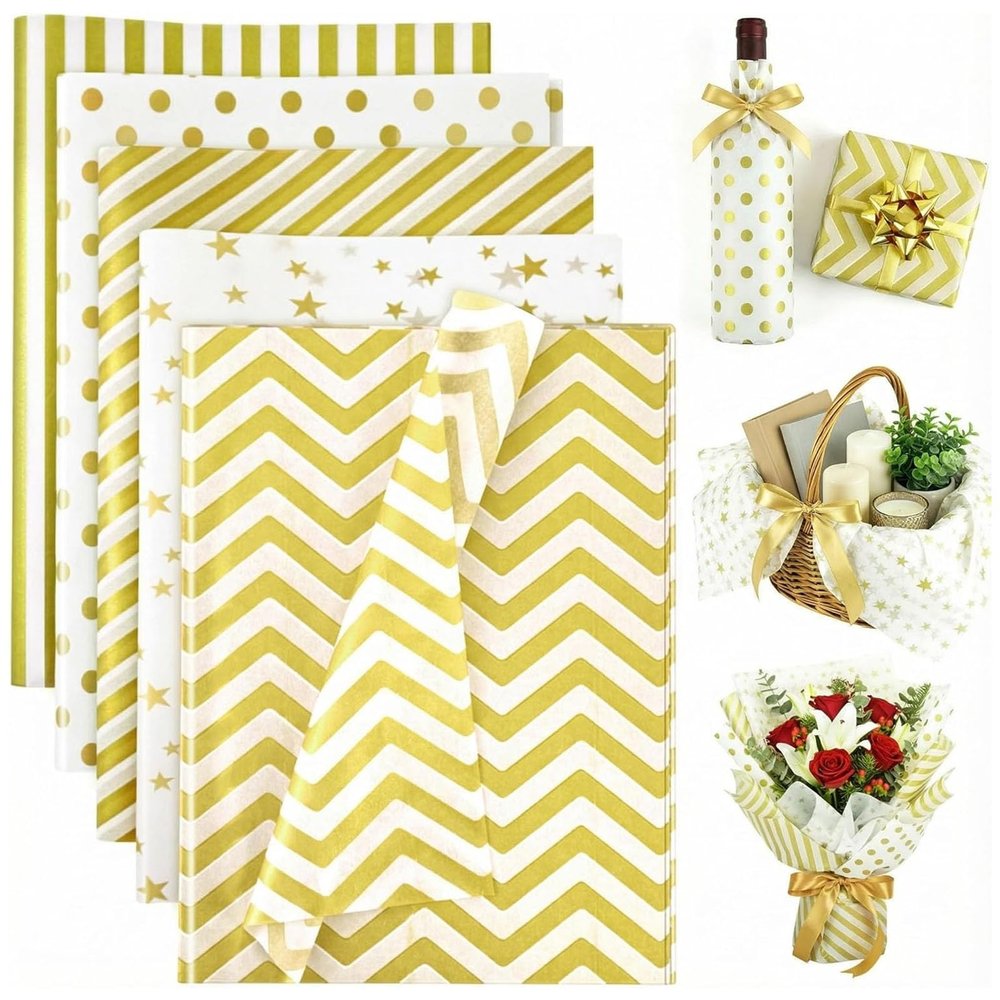 Koogel 100 Sheets Tissue Paper, 20 x 14 Inch White Gold Tissue Paper for Gift Bags, Stars and Stripes Pattern for Christmas Gift Wrapping and DIY Crafts