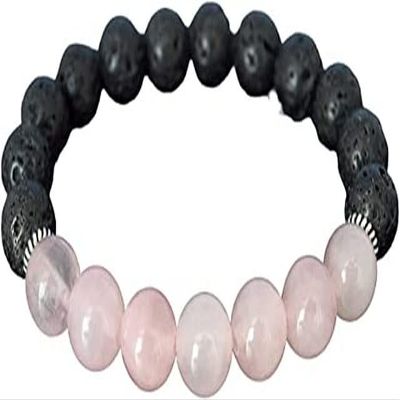 YONKU Black Lava bracelet, Lava bead Meditation diffuser, Stress Anxiety relief, Genuine Rose Pink Quartz Brace YO-BRACE-7329