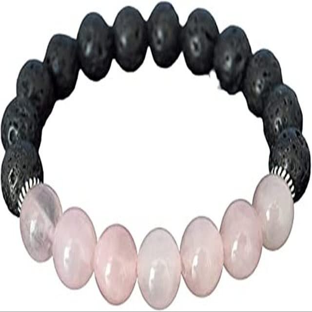 YONKU Black Lava bracelet, Lava bead Meditation diffuser, Stress Anxiety relief, Genuine Rose Pink Quartz Brace YO-BRACE-7329