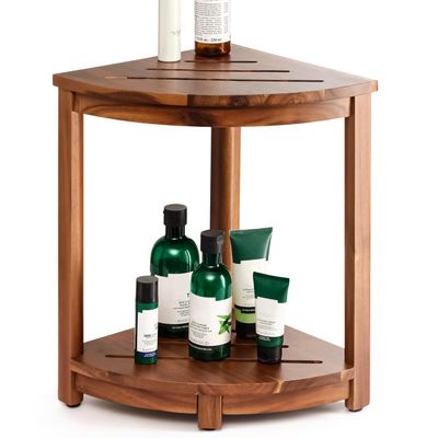 HOLANA 18" Wood Corner Shower Bench & Corner Shower Stool with Storage Shelf - Footrest for Shaving Legs - Bath Step for Small Spaces - Perfect for Indoor or Outdoor (Acacia)