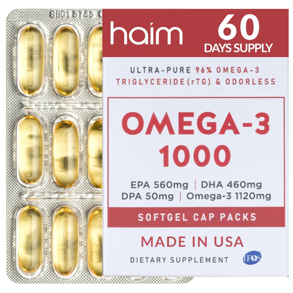 HAIM Omega-3 1000 Fish Oil Softgels  1120mg Omega-3 with EPA DHA Fatty Acids  Burpless, Odorless, No Fishy Smell  Triple Strength Concentrated Supplement  Nutritional Softgels  60 Count