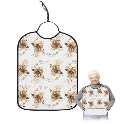 Kewadony Adult Bibs for Elderly Women - Gold Flowers Waterproof Dining Clothing Protectors with Crumb Catcher for Eating/Feeding, Floral Botanical Fashion Life Aesthetic Art Terry Cloth Bib Washable