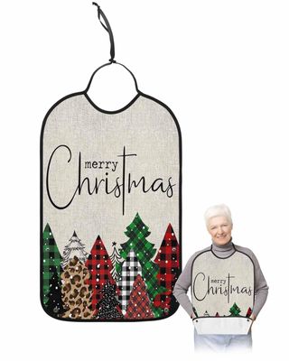 Adult Bibs for Elderly Women - Merry Christmas Waterproof Dining Clothing Protectors with Crumb Catcher for Eating/Feeding, Red Green Plaid Xmas Tree Snowflake Burlap Terry Cloth Bib Washable