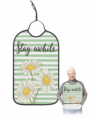 Kewadony Adult Bibs for Elderly Women - Daisy Waterproof Dining Clothing Protectors with Crumb Catcher for Eating/Feeding, White Yellow Flower Rustic Floral Green Striped Terry Cloth Bib Washable