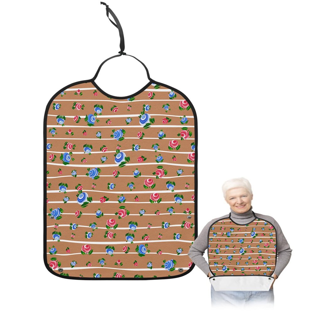 Kewadony Adult Bibs for Elderly Women - Blue Red Flowers Waterproof Dining Clothing Protectors with Crumb Catcher for Eating/Feeding, Botanical Aesthetic White Striped Brown Terry Cloth Bib Washable