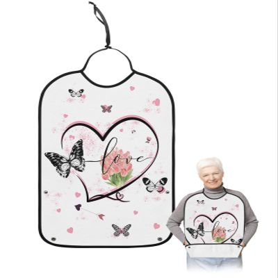 Kewadony Adult Bibs for Elderly Women - Valentine's Day Waterproof Dining Clothing Protectors with Crumb Catcher for Eating/Feeding, Pink Rose Love Heart Black Butterfly Letter Terry Cloth Bib