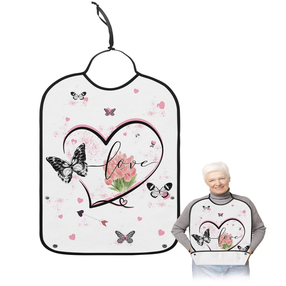 Kewadony Adult Bibs for Elderly Women - Valentine's Day Waterproof Dining Clothing Protectors with Crumb Catcher for Eating/Feeding, Pink Rose Love Heart Black Butterfly Letter Terry Cloth Bib
