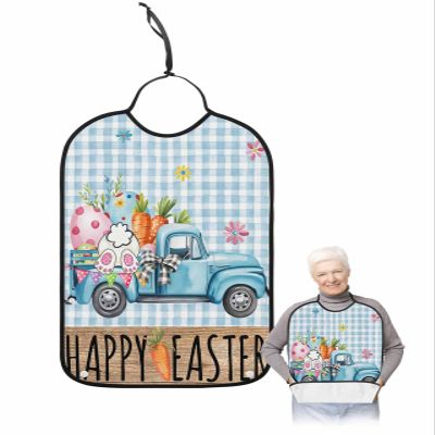 Kewadony Adult Bibs for Elderly Women - Easter Waterproof Dining Clothing Protectors with Crumb Catcher for Eating/Feeding, Truck with Bunny Easter Egg Caroot Spring Blue Plaid Terry Cloth Bib