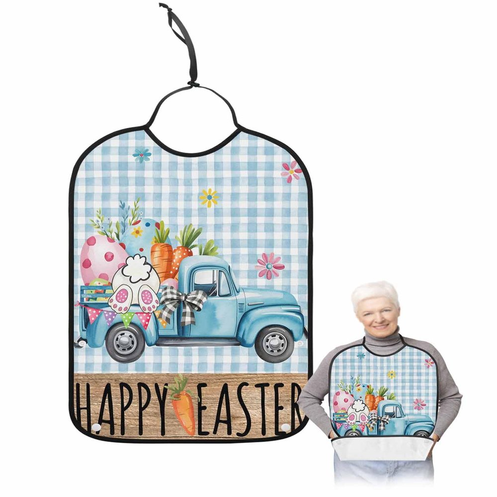Kewadony Adult Bibs for Elderly Women - Easter Waterproof Dining Clothing Protectors with Crumb Catcher for Eating/Feeding, Truck with Bunny Easter Egg Caroot Spring Blue Plaid Terry Cloth Bib