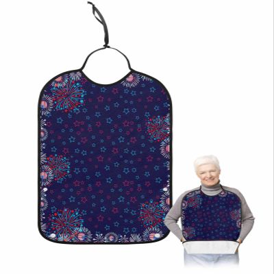 Kewadony Adult Bibs for Elderly Women - 4th of July Waterproof Dining Clothing Protectors with Crumb Catcher for Eating/Feeding, USA Flag Star Firework Independence Day Blue Terry Cloth Bib Washable
