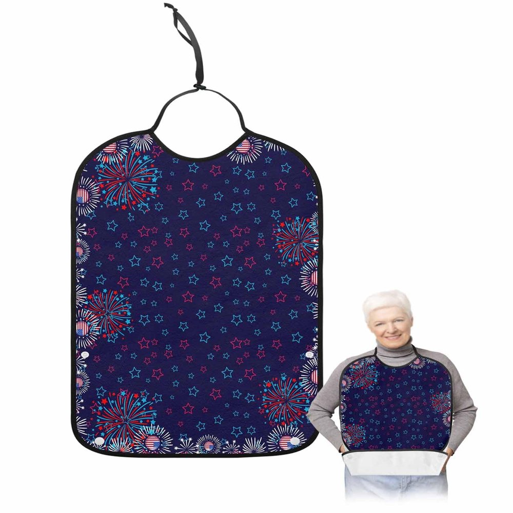 Kewadony Adult Bibs for Elderly Women - 4th of July Waterproof Dining Clothing Protectors with Crumb Catcher for Eating/Feeding, USA Flag Star Firework Independence Day Blue Terry Cloth Bib Washable