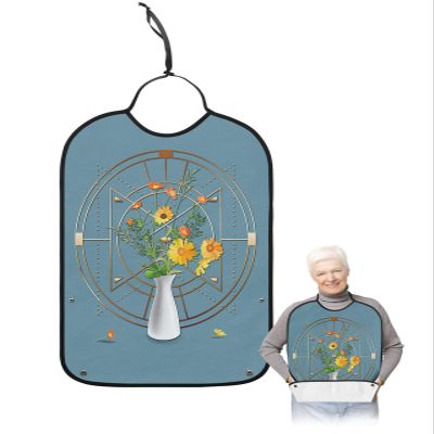 Kewadony Adult Bibs for Elderly Women - Daisy Flowers Waterproof Dining Clothing Protectors with Crumb Catcher for Eating/Feeding, Vase Gold Geometrict Gray Blue Terry Cloth Bib Machine Washable