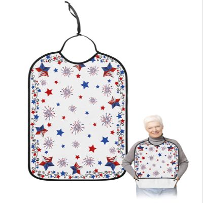 Kewadony Adult Bibs for Elderly Women - 4th of July Waterproof Dining Clothing Protectors with Crumb Catcher for Eating/Feeding, Red Blue Star Fireworks USA Independence Day Terry Cloth Bib Washable