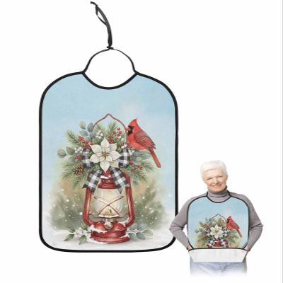 Kewadony Adult Bibs for Elderly Women - Christmas Waterproof Dining Clothing Protectors with Crumb Catcher for Eating/Feeding, Xmas Red Oil Lamp Bird White Poinsettia Pinecone Blue Terry Cloth Bib