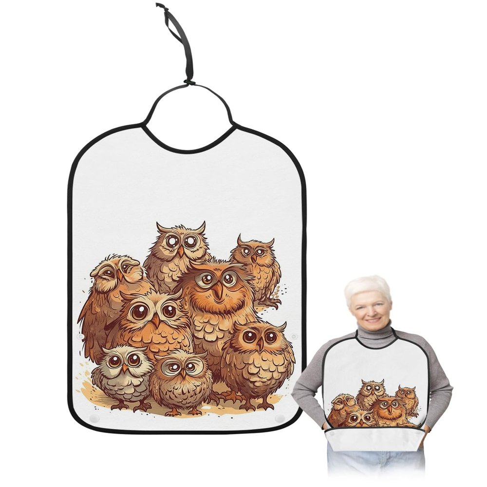 Kewadony Adult Bibs for Elderly Women - Brown Owl Waterproof Dining Clothing Protectors with Crumb Catcher for Eating/Feeding, Cute Cartoon Animals Watercolor Draw Terry Cloth Bib Machine Washable