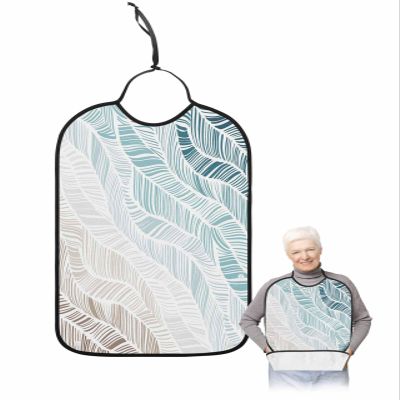 Adult Bibs for Elderly Women - Teal Brown Geometric Waterproof Dining Clothing Protectors with Crumb Catcher for Eating/Feeding, Ombre Line Feather Texture Modern Art Terry Cloth Bib Washable