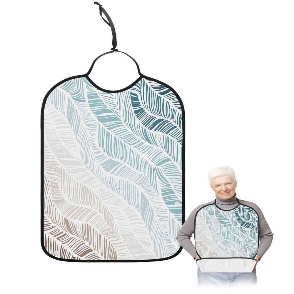 Adult Bibs for Elderly Women - Teal Brown Geometric Waterproof Dining Clothing Protectors with Crumb Catcher for Eating/Feeding, Ombre Line Feather Texture Modern Art Terry Cloth Bib Washable