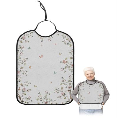 Kewadony Adult Bibs for Elderly Women - Flower and Waterproof Dining Clothing Protectors with Crumb Catcher for Eating/Feeding, Butterfly Floral Botanical Spring Terry Cloth Bib Machine Washable