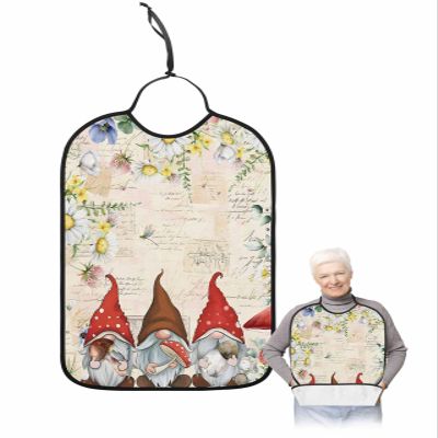 Kewadony Adult Bibs for Elderly Women - Mushroom Waterproof Dining Clothing Protectors with Crumb Catcher for Eating/Feeding, Gnomes Wild Flower Spring Leaves Retro Terry Cloth Bib Washable