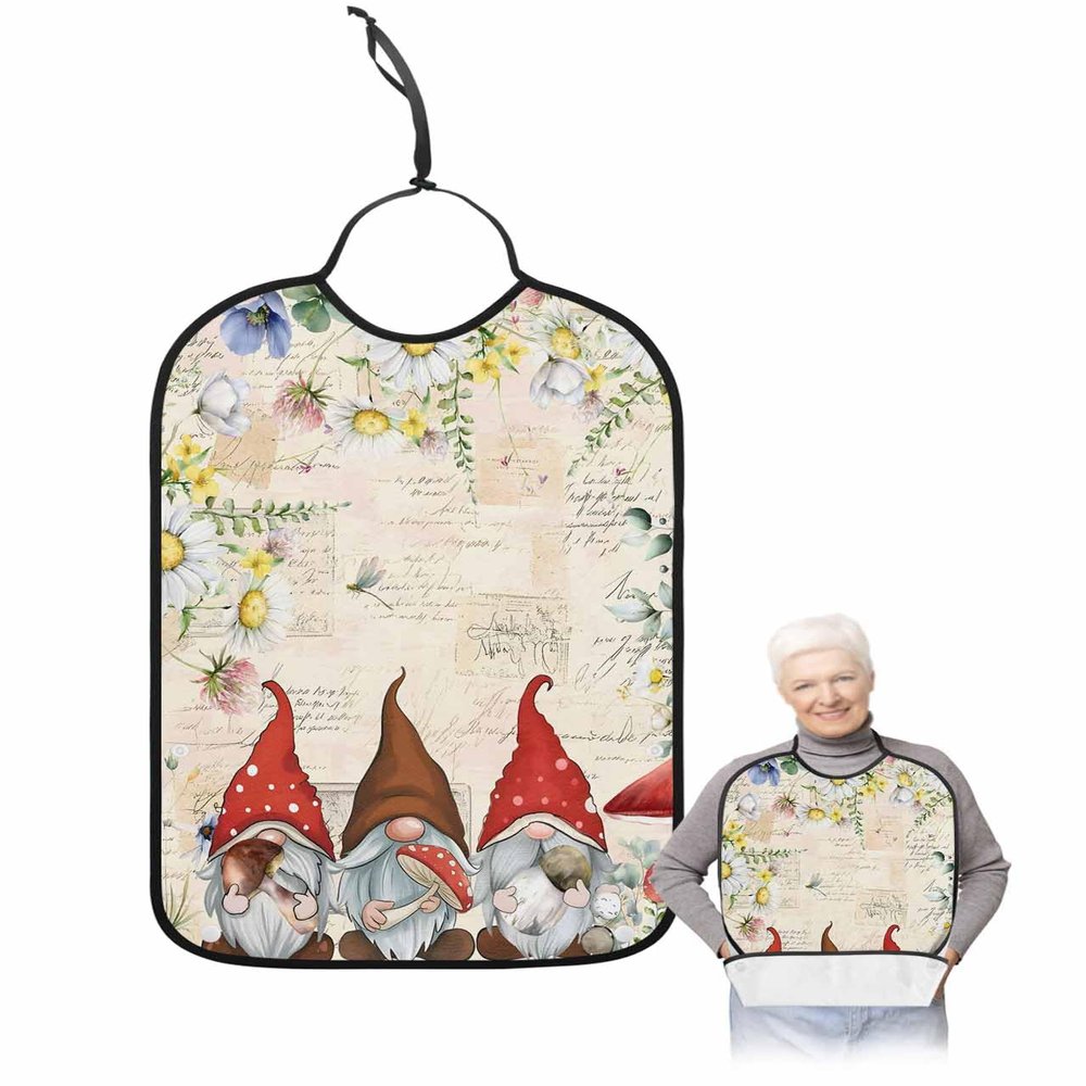 Kewadony Adult Bibs for Elderly Women - Mushroom Waterproof Dining Clothing Protectors with Crumb Catcher for Eating/Feeding, Gnomes Wild Flower Spring Leaves Retro Terry Cloth Bib Washable