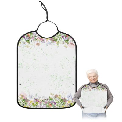 Kewadony Adult Bibs for Elderly Women - Spring Floral Waterproof Dining Clothing Protectors with Crumb Catcher for Eating/Feeding, Wild Flowers Botanical Butterfly Green Watercolor Terry Cloth Bib
