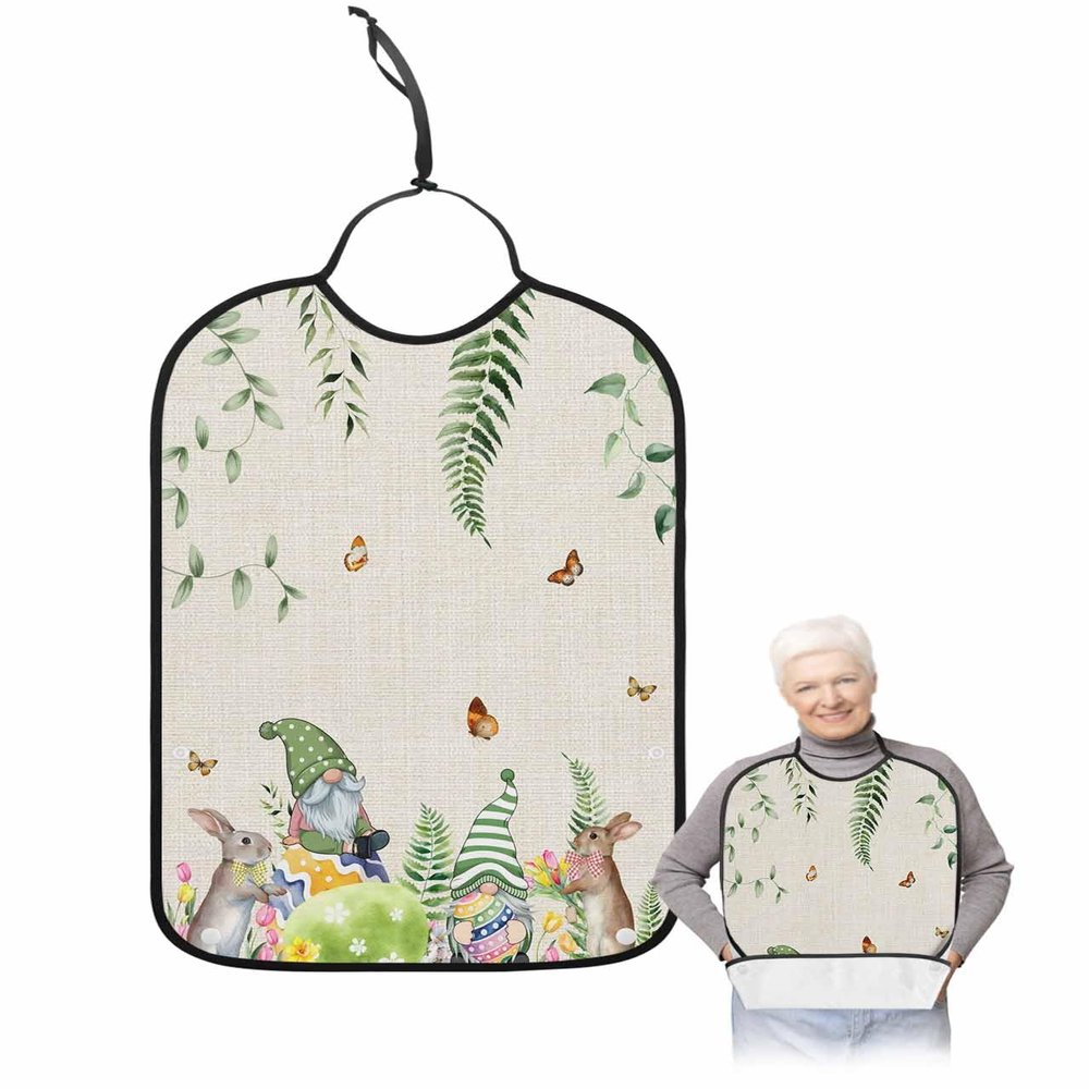 Kewadony Adult Bibs for Elderly Women - Easter Waterproof Dining Clothing Protectors with Crumb Catcher for Eating/Feeding, Gnomes Bunny Easter Eggs Tulip Spring Leaf Burlap Terry Cloth Bib Washable