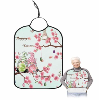Kewadony Adult Bibs for Elderly Women - Easter Waterproof Dining Clothing Protectors with Crumb Catcher for Eating/Feeding, Easter Egg Tree Gnomes Bunny Spring Flower Blue Terry Cloth Bib Washable