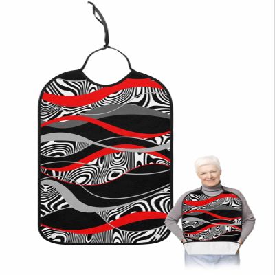 Adult Bibs for Elderly Women - Red Geometric Waterproof Dining Clothing Protectors with Crumb Catcher for Eating/Feeding, Black White Zebra Striped Print Abstract Art Terry Cloth Bib Washable