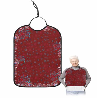 Kewadony Adult Bibs for Elderly Women - 4th of July Waterproof Dining Clothing Protectors with Crumb Catcher for Eating/Feeding, USA Flag Star Firework Independence Day Red Terry Cloth Bib Washable