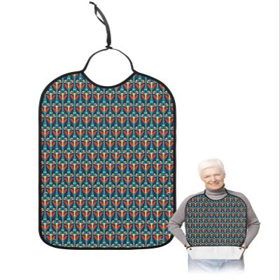 Kewadony Adult Bibs for Elderly Women - Orange Flower Waterproof Dining Clothing Protectors with Crumb Catcher for Eating/Feeding, Green Geometric Pattern Modern Abstract Art Terry Cloth Bib Washable