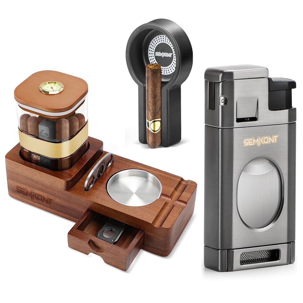 SEMKONT Cigar Humidor and Cigar Ashtray Set,Wooden Ashtray with Cigar Jar Tray, Triple Jet Flame Cigar Lighter with Cigar Cutter,Windproof Butane Refillable Torch Lighters