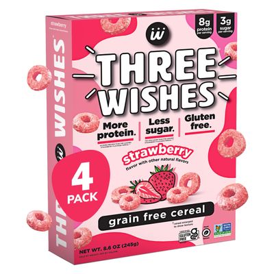 Three Wishes Grain-Free & Protein Cereal - Healthy, Low Sugar & Gluten-Free Breakfast Cereal - Low Carb, Plant-Based, Vegan & Non-GMO - Strawberry, 4-Pack