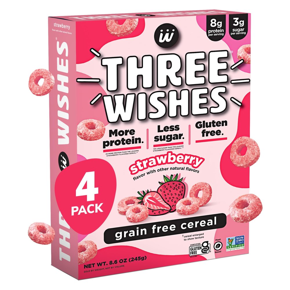 Three Wishes Grain-Free & Protein Cereal - Healthy, Low Sugar & Gluten-Free Breakfast Cereal - Low Carb, Plant-Based, Vegan & Non-GMO - Strawberry, 4-Pack